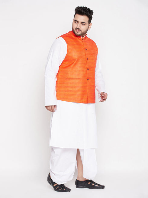 Vastramay Men's Plus Size Orange Cotton Blend Jacket With White Kurta And Dhoti Set
