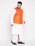 Vastramay Men's Plus Size Orange Cotton Blend Jacket With White Kurta And Dhoti Set