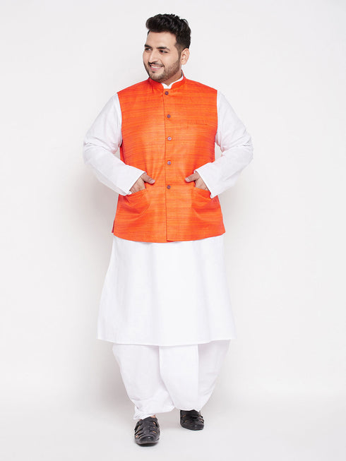 Vastramay Men's Plus Size Orange Cotton Blend Jacket With White Kurta And Dhoti Set