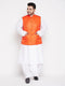 Vastramay Men's Plus Size Orange Cotton Blend Jacket With White Kurta And Dhoti Set