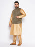 Vastramay Men's Plus Size Black Ethnic Jacket With Rose Gold Silk Blend Kurta Pyjama Set