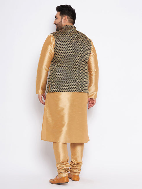 Vastramay Men's Plus Size Black Ethnic Jacket With Rose Gold Silk Blend Kurta Pyjama Set