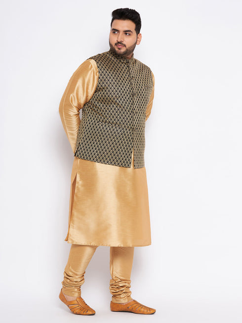 Vastramay Men's Plus Size Black Ethnic Jacket With Rose Gold Silk Blend Kurta Pyjama Set