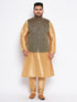 Vastramay Men's Plus Size Black Ethnic Jacket With Rose Gold Silk Blend Kurta Pyjama Set