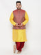 Vastramay PLUS Men's Maroon Nehru Jacket With Yellow Kurta And Maroon Dhoti Set