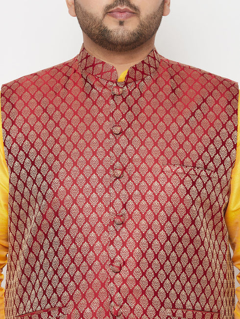 Vastramay PLUS Men's Maroon Nehru Jacket With Yellow Kurta And Maroon Dhoti Set
