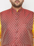 Vastramay PLUS Men's Maroon Nehru Jacket With Yellow Kurta And Maroon Dhoti Set