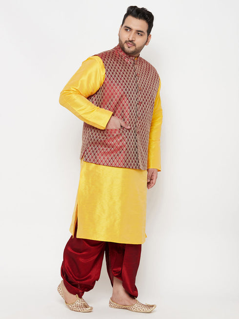 Vastramay PLUS Men's Maroon Nehru Jacket With Yellow Kurta And Maroon Dhoti Set