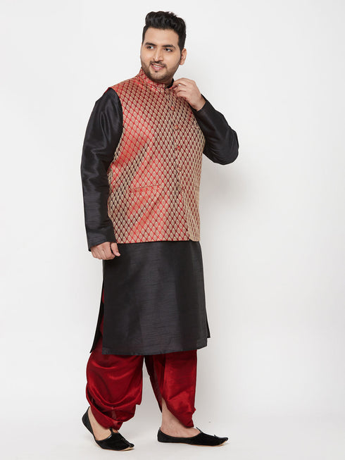 Vastramay PLUS Men's Maroon Nehru Jacket With Black Kurta And Maroon Dhoti Set