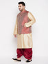 Vastramay PLUS Men's Maroon Nehru Jacket With Gold Kurta And Maroon Dhoti Set