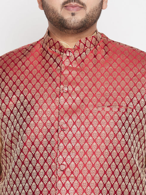 Vastramay PLUS Men's Maroon Nehru Jacket With Gold Kurta And Maroon Dhoti Set