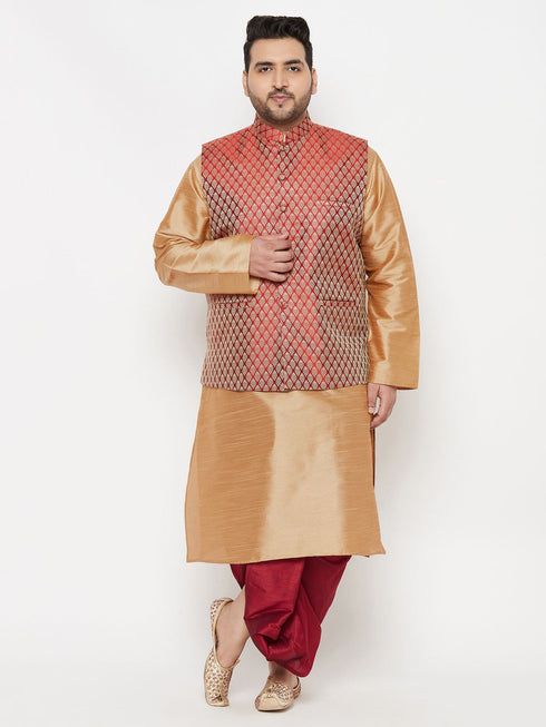 Vastramay PLUS Men's Maroon Nehru Jacket With Rose Gold Kurta And Maroon Dhoti Set