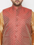 Vastramay PLUS Men's Maroon Nehru Jacket With Rose Gold Kurta And Maroon Dhoti Set