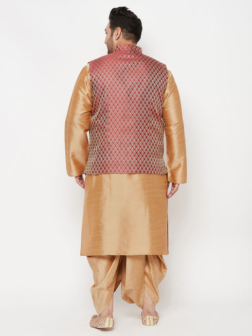 Vastramay PLUS Men's Maroon Nehru Jacket With Rose Gold Kurta And Dhoti Set