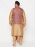 Vastramay PLUS Men's Maroon Nehru Jacket With Rose Gold Kurta And Dhoti Set