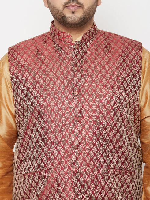 Vastramay PLUS Men's Maroon Nehru Jacket With Rose Gold Kurta And Dhoti Set