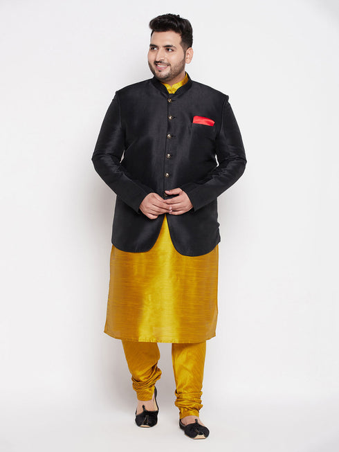 Vastramay Plus Size Men's Black Silk Blend Jodhpuri With Mustard Kurta Pyjama Set