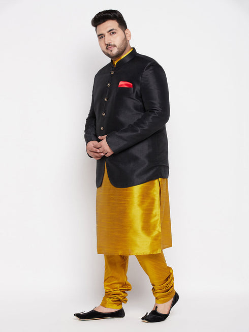 Vastramay Plus Size Men's Black Silk Blend Jodhpuri With Mustard Kurta Pyjama Set