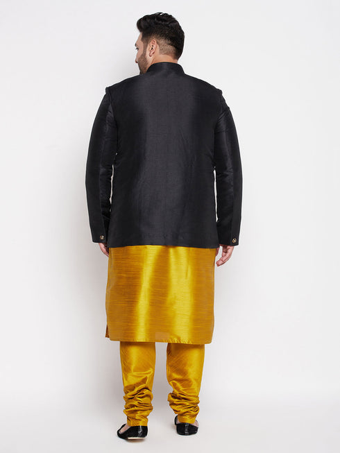 Vastramay Plus Size Men's Black Silk Blend Jodhpuri With Mustard Kurta Pyjama Set