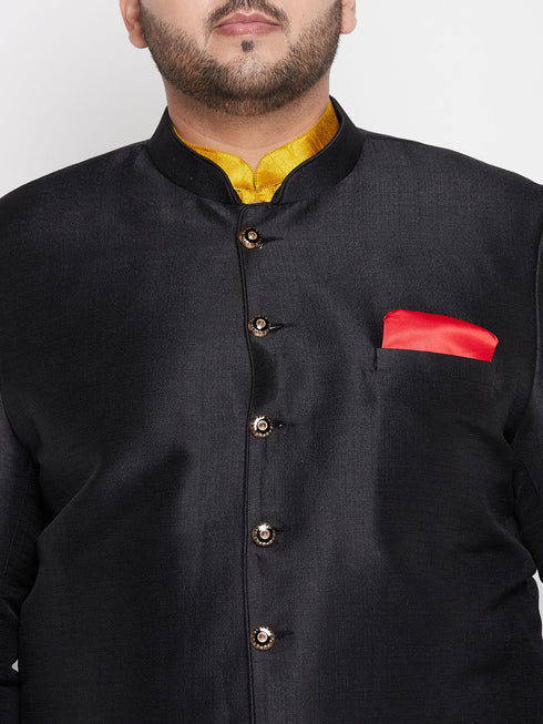 Vastramay Plus Size Men's Black Silk Blend Jodhpuri With Mustard Kurta Pyjama Set