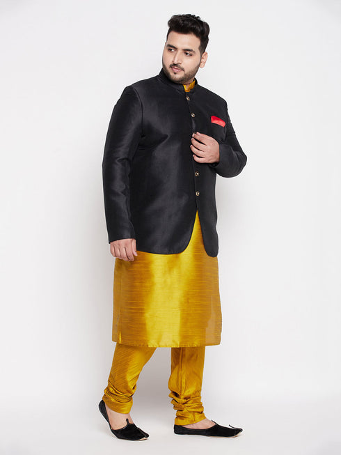 Vastramay Plus Size Men's Black Silk Blend Jodhpuri With Mustard Kurta Pyjama Set