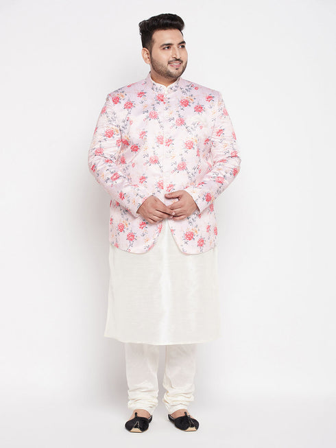 Vastramay Men's Peach Silk Blend Jodhpuri With Cream Kurta Pyjama Set