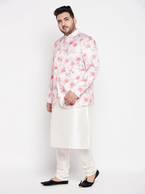 Vastramay Men's Peach Silk Blend Jodhpuri With Cream Kurta Pyjama Set