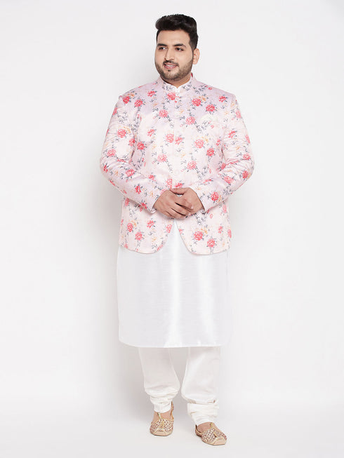 Vastramay Men's Peach Silk Blend Jodhpuri With White Kurta Pyjama Set
