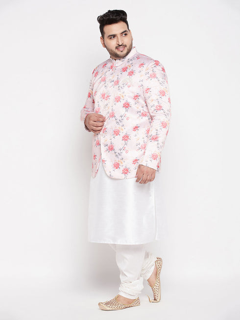 Vastramay Men's Peach Silk Blend Jodhpuri With White Kurta Pyjama Set