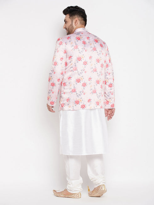 Vastramay Men's Peach Silk Blend Jodhpuri With White Kurta Pyjama Set