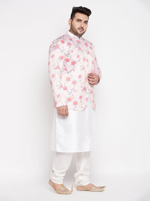 Vastramay Men's Peach Silk Blend Jodhpuri With White Kurta Pyjama Set
