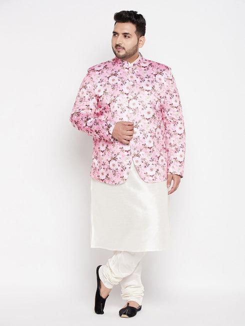 Vastramay Men's Pink Silk Blend Jodhpuri With Cream Kurta Pyjama Set