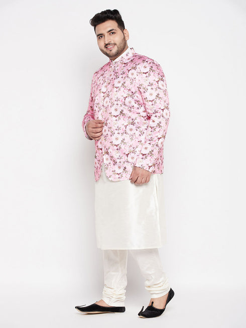Vastramay Men's Pink Silk Blend Jodhpuri With Cream Kurta Pyjama Set