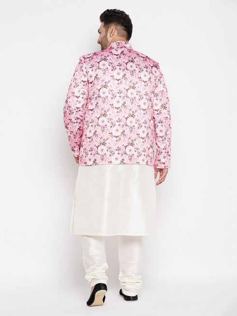 Vastramay Men's Pink Silk Blend Jodhpuri With Cream Kurta Pyjama Set