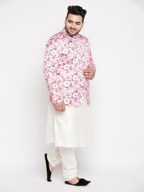 Vastramay Men's Pink Silk Blend Jodhpuri With Cream Kurta Pyjama Set