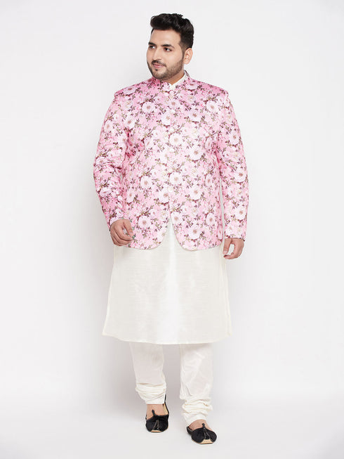 Vastramay Men's Pink Silk Blend Jodhpuri With Cream Kurta Pyjama Set