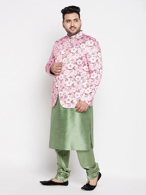 Vastramay Men's Pink Silk Blend Jodhpuri With Mint Green Kurta Pyjama Set