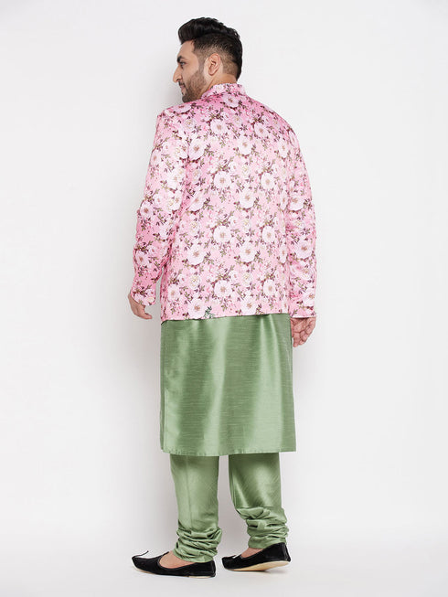 Vastramay Men's Pink Silk Blend Jodhpuri With Mint Green Kurta Pyjama Set