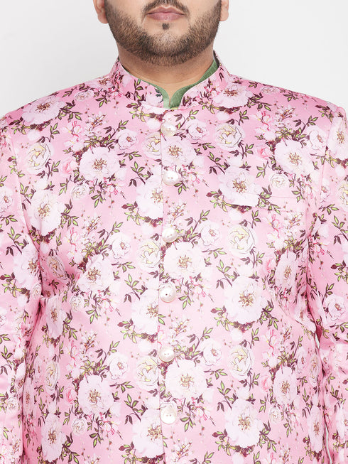 Vastramay Men's Pink Silk Blend Jodhpuri With Mint Green Kurta Pyjama Set