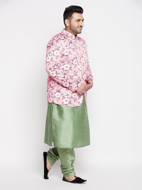 Vastramay Men's Pink Silk Blend Jodhpuri With Mint Green Kurta Pyjama Set