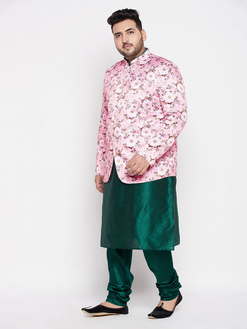 Vastramay Men's Pink Silk Blend Jodhpuri With Dark Green Silk Blend Kurta Pyjama Set