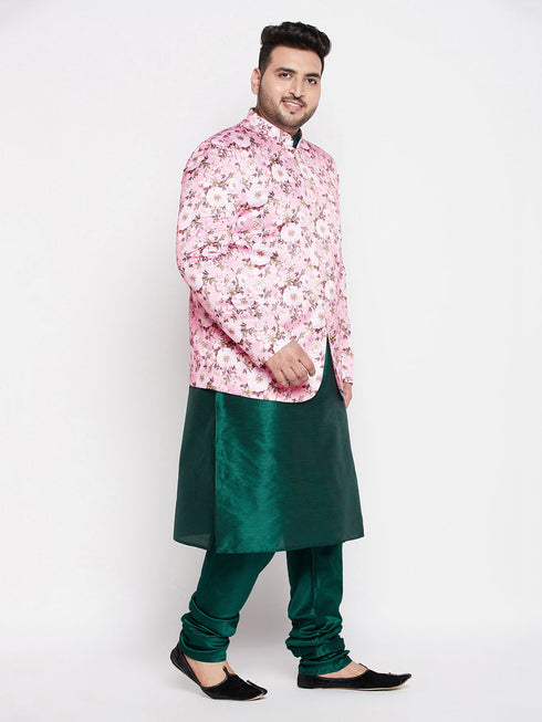 Vastramay Men's Pink Silk Blend Jodhpuri With Dark Green Silk Blend Kurta Pyjama Set