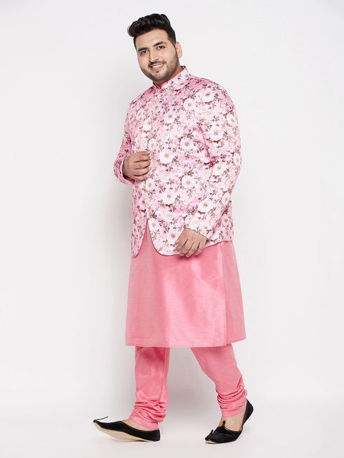 Vastramay Men's Pink Silk Blend Jodhpuri With Pink Kurta Pyjama Set