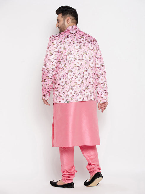 Vastramay Men's Pink Silk Blend Jodhpuri With Pink Kurta Pyjama Set