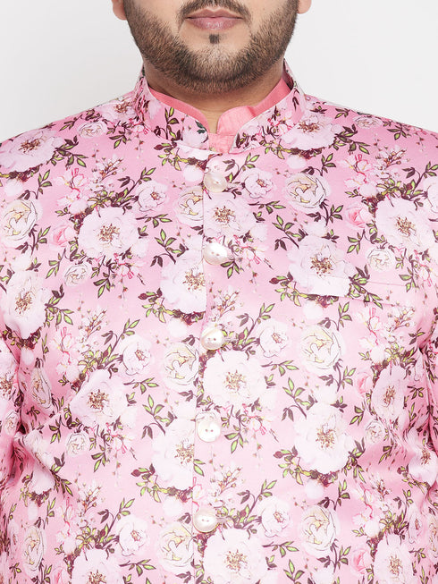 Vastramay Men's Pink Silk Blend Jodhpuri With Pink Kurta Pyjama Set