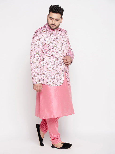 Vastramay Men's Pink Silk Blend Jodhpuri With Pink Kurta Pyjama Set
