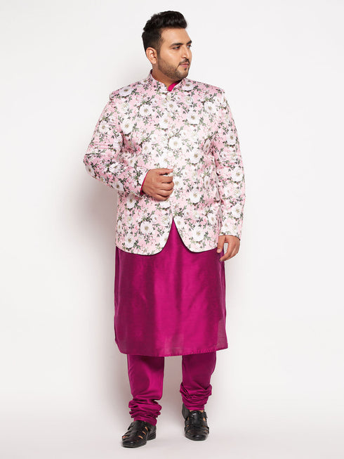 Vastramay Men's Pink Silk Blend Jodhpuri With Fuchsia Kurta Pyjama Set