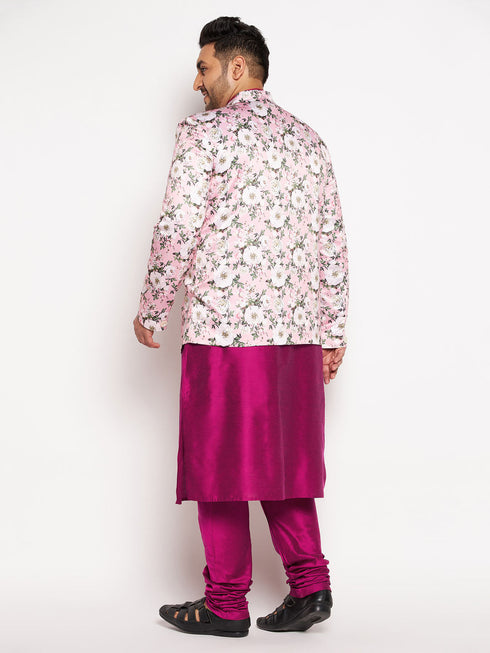 Vastramay Men's Pink Silk Blend Jodhpuri With Fuchsia Kurta Pyjama Set