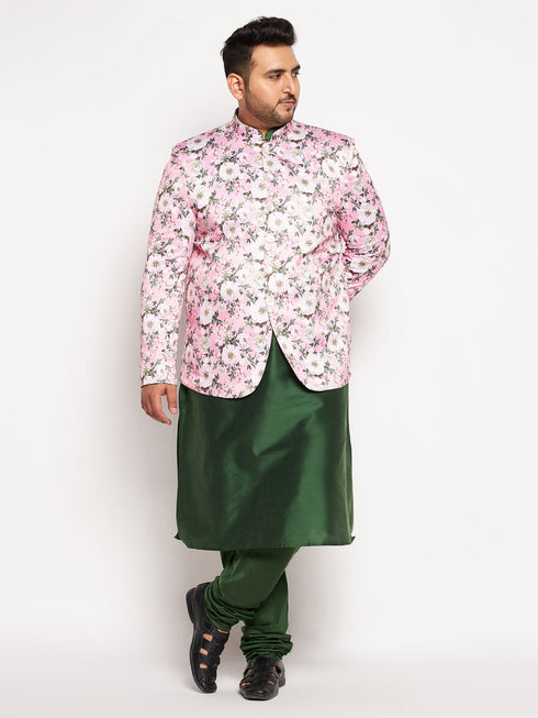 Vastramay Men's Pink Silk Blend Jodhpuri With Dark Green Kurta Pyjama Set