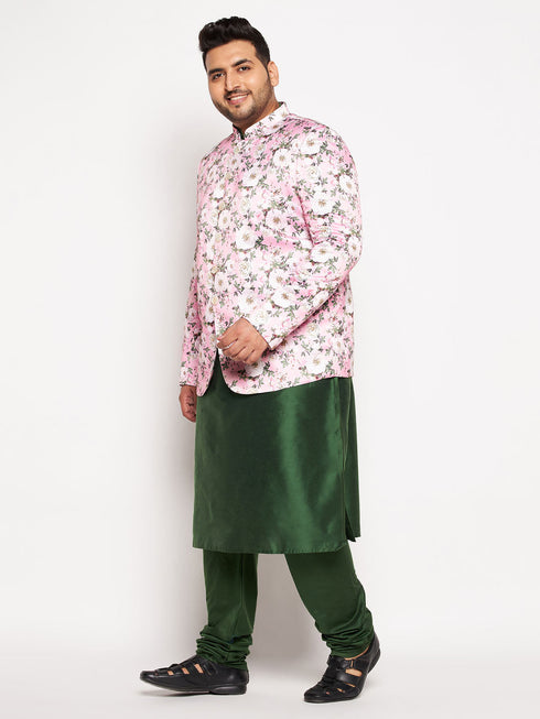 Vastramay Men's Pink Silk Blend Jodhpuri With Dark Green Kurta Pyjama Set